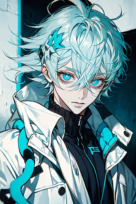 boy with snake eye, blue and white mix hair, messy hair, (eyes:1.5)