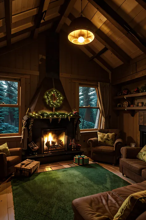 cosy hut in the forest floor to ceiling windows, night, christmas decorations, fireplace, cookies, hot chocolate, realism