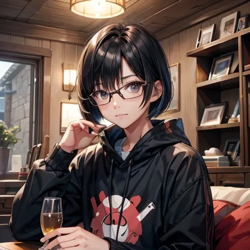 A dark-haired、eye glass、A slight smil、a short bob、Adults、at home relaxing、Looking Ahead、During gameplay、Hands down