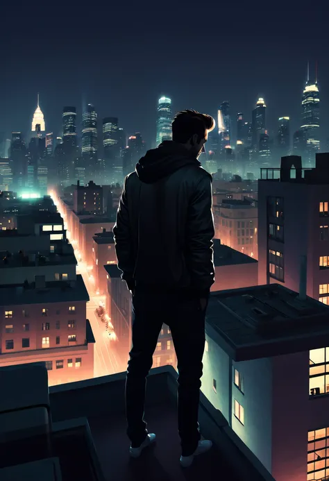 (GTA STYLE:1.5)，city night， on a rooftop，lonely and brave person