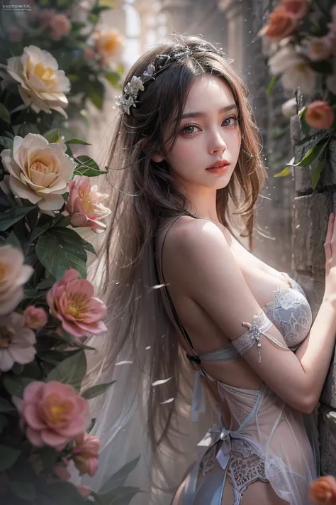 (Top quality photo of a super beautiful woman in sexy lingerie standing in front of a wall covered with flowers:1.2),（By Luis Royo, fantasy and erotic, :1.2),Beautiful and sophisticated woman, Surreal portrait of a beautiful girl, Shiny natural skin textur...