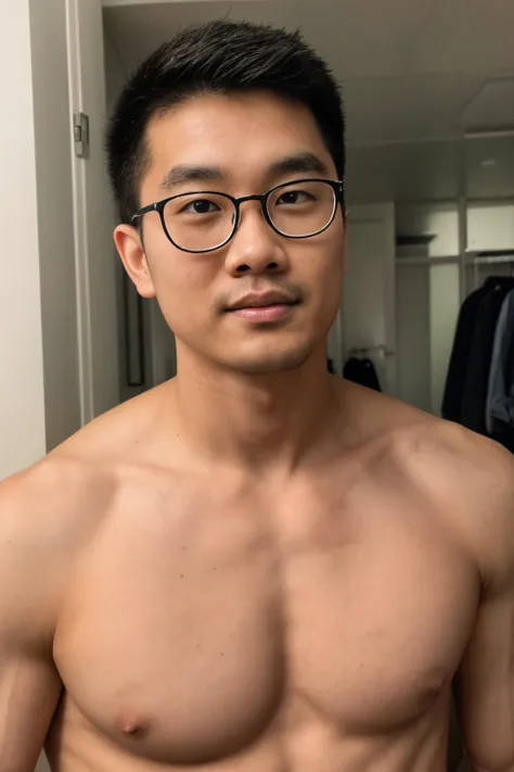 Andrew thomas huang, oval face, eyeglasses, neat muscular, (((nsfw))), next to the closet