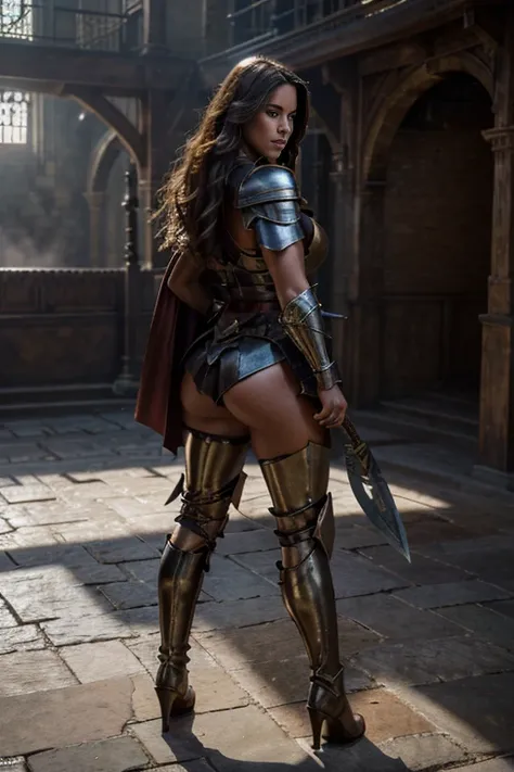 (best quality,4k,8k,highres,masterpiece:1.2),ultra-detailed,(realistic,photorealistic,photo-realistic:1.37),beautiful medieval warrior,thick thighs,thin belly,big ass,extremely hot,sexy defined ass,juicy breasts,woman,warm-toned lighting,sharp focus,physic...