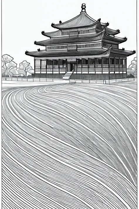 ancient buildings of China, black line art ink, Outline only, Great for coloring book pages, Landscape painting style, beautiful line art, black and white line art, beautiful line art, Very fine ink marks, Highly detailed official artwork, Black line art o...