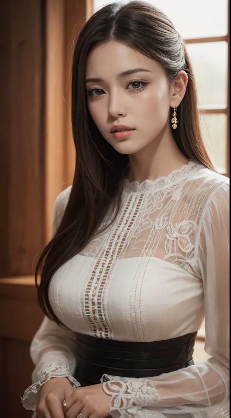 masterpiece, best quality, high quality, detailed, ultra detailed, hyper detailed, insanely detailed, exquisite, beautiful, FHD, Full-HD, 4K, 8K, 16K, highres, absurdres,Japanese woman, detailed face, detailed skin, chignon, Long Sleeve Round neck ,T-shirt...