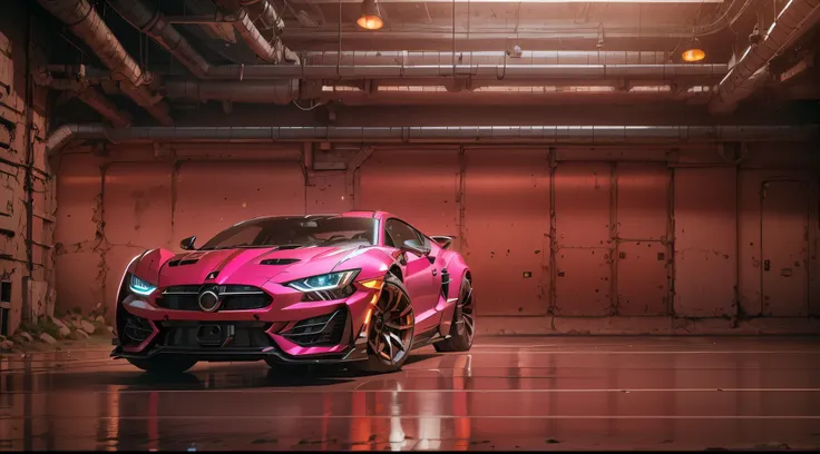 A sports pink car，mechackground cyberpunk，Best picture quality，High chiaroscuro，Cinematic texture，C4D render，Sharpen 1.4，Strong realism，The metal material  real，High detail and ultra-high image quality1.5，16K resolution，