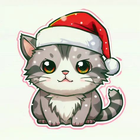 cartoon cat wearing a santa hat sitting on the ground, fat chibi grey cat, smol fluffy cat wearing smol hat, cute cat, a cute cat, anime cat, telegram sticker, kawaii cat, by Kanbun Master, cat with a hat, anime visual of a cute cat, !!! cat!!!, wearing a ...