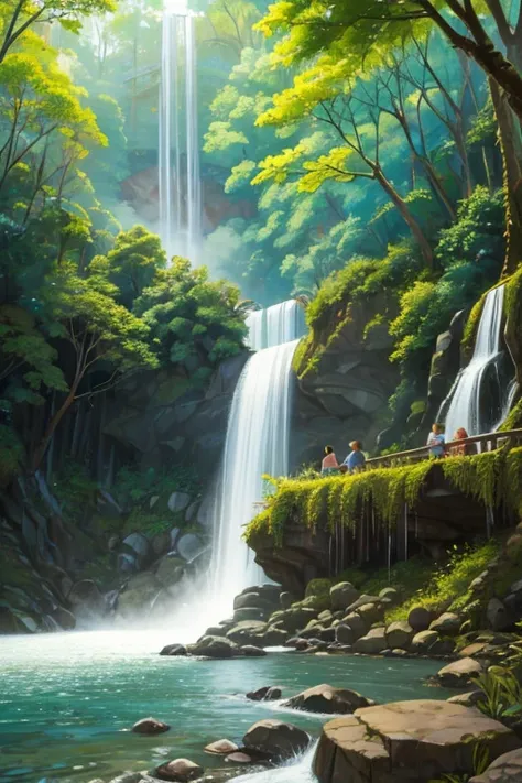 painting of a waterfall in a forest with a river running through it, Una cascada sin fin, multiple waterfalls, Cascadas, with trees and waterfalls, cascadas flotantes, (cascada), con cascadas, por Michael James Smith, cascadas, Flores y cascadas, cascadas ...