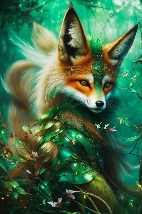 kitsune,painting,nature,surrealism,detailed fur,expressive eyes,ethereal atmosphere,vibrant colors,enchanted forest,magical creatures,playful mischief,emerald green,mystical charm,light and shadows,hauntingly beautiful,whimsical,mythical,graceful movements...