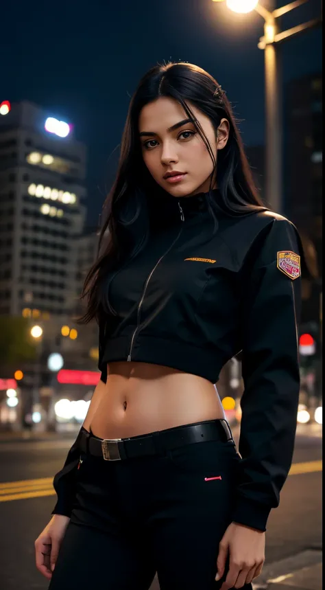 photorealistic:1.4, masterpiece, best quality, solo, Detailed face:1.2, perfectly proportions, photos realistic, ,Photo of mature Ukraine college girl, raw , long black hair, techwear, blurry background, eye focus, cowboy shot, huge city background, facing...