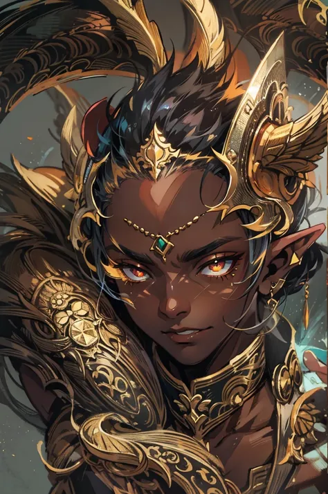 Dragon Man，Black skin，Golden pupils，ears of elf，Three-dimensional facial features，The face  delicate，Clear，Masterpiece，Handsome，Lazy handsome，Evil handsome, chibi