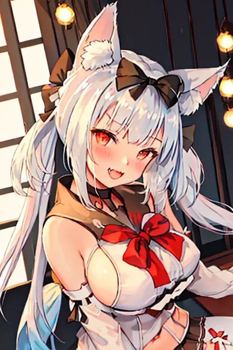 best quality, masterpiece, highres, solo, {yukikaze_azurlane:1.15}, animal_ears, cat_ears, long_hair, bow, hair_bow, bangs, blush, white_hair, black_bow, open_mouth, breasts, ribbon, fang, smile, twintails, animal_ear_fluff, sleeveless, red_eyes, medium_br...