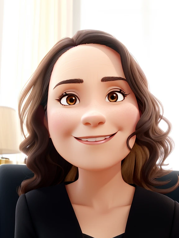 A bank woman, young 47 years old, smiling, chic and wise, with shoulder length and dark wavy hair, dark brown eyes, medium eyes and medium mouth, potato nose, with a black V-neck dress, heels tall black, In a fancy law firm.