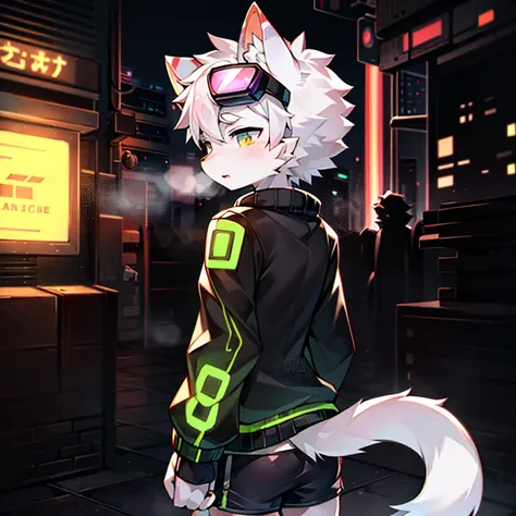 white cat, male people, Alone，infancy，cub, Crossing obstacles wearing black goggles), 城市, from back, , (Neon Cyberpunk Jacket),Black  shorts, Earphone, Steam waves， detailed shadow, (dynamic blur (Background with)), cyber punk personage，The tail  raised