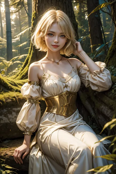 Marta Gromova (Ukrainian Model), short hair, sexy, blonde, wearing cute (Simple) medieval dress, cute smile, in a forest