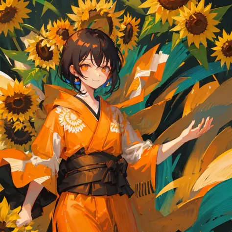 one-girl，orange kimono，black hair color hair，In a sea of sunflowers，Sad smile