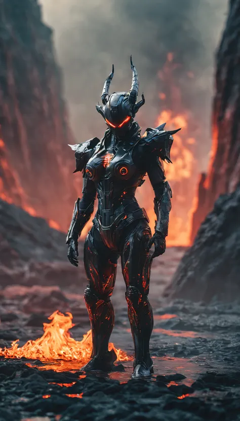 cinematic photo breathtaking biomechanical cyberpunk 1demon, fullbody,bulky creature, extremely futuristic diablo helmet with leds, fire lake, in the hell, hellfire, hell background, dying bodies sunk in the lake of lava and fire. souls agonizating in the ...