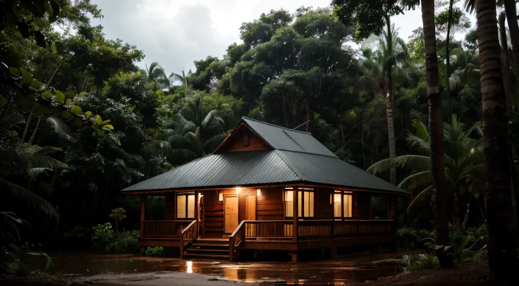 uma cabana com janelas iluminadas no meio de uma floresta tropical, em um dia de chuva forte, with overcast skies, and rain-soaked vegetation