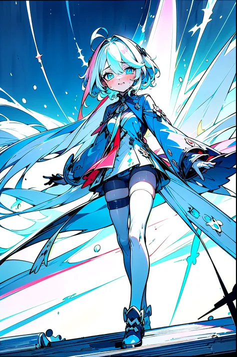 light smile, ear blush, makeup, drunk, pain, crying, chin grab, lonely, sobbing, mismatched pupils, crying with eyes open, streaked hair, white hair, blue hair, light blue hair, ahoge, Surrealism, drop shadow, anaglyph, stereogram, tachi-e, pov, atmospheri...