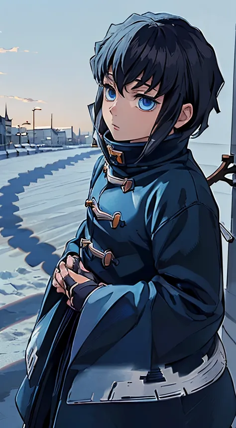 ((anime, one boy, detailled eyes, detailed face, detailed body), ((Best Quality, Highly detailed 8K background, best shadow), A highly detailed, (detailed beautiful eyes), ((Winter clothes, daylight, winter)))) (cowboy shot), anime, Town, Best quality and ...