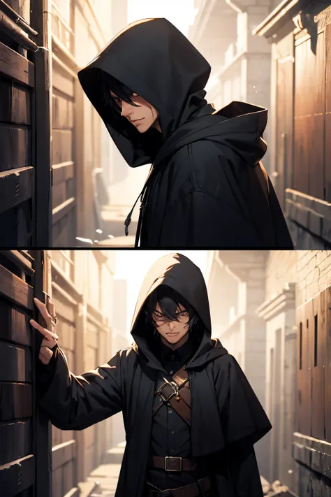 man mysterious elf assassin arcane trickster rogue dark robe hooded, black short hair, casting a minor ilusion from dungeons and dragons