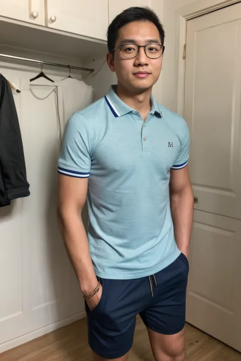 Andrew thomas huang, oval face, eyeglasses, neat muscular, polo shirt, shorts, next to the closet