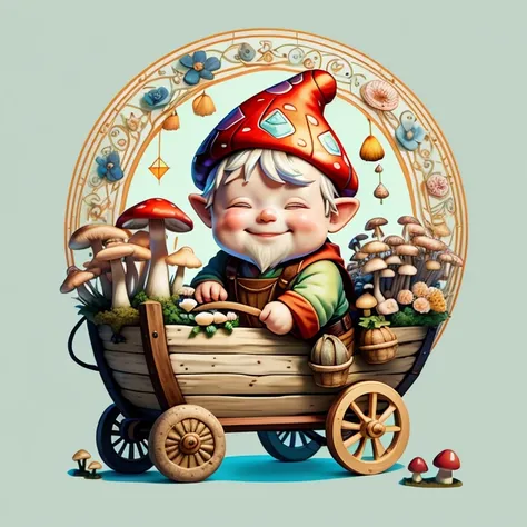 (cute baby boy gnome smiling pulls a pushcart with mushrooms and flowers) Munchkin ,Geometric multidimensional wall portrait, livro de arte, Tchibi,
Yang08k, Beautiful, Colouring,
Obras, of the highest quality, best quality, Arte Oficial, Beautiful and Aes...