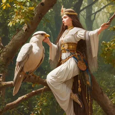 painting of a female bird on a branch, Oil painting of Princess Vulvin, Kramskoy 4 K, Kramskoy, based on Ivan Kramskoy, Harpy woman, bird-silin, bird woman, bird with the head of a woman, based on Viktor Vasnetsov, Fantasy Victorian art, winged  bird woman...