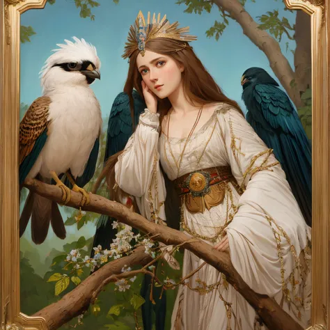 painting of a female bird on a branch, Oil painting of Princess Vulvin, Kramskoy 4 K, Kramskoy, based on Ivan Kramskoy, Harpy woman, bird-silin, bird woman, bird with the head of a woman, based on Viktor Vasnetsov, Fantasy Victorian art, winged  bird woman...