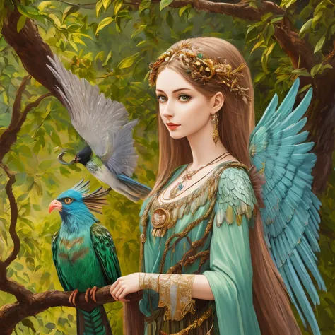 painting of a bird woman on a branch, Oil painting, 4K, Harpy woman, Sirin bird, bird woman, bird with a womans head, Fantasy Victorian art, winged bird woman, Slavic mythology, Sirin