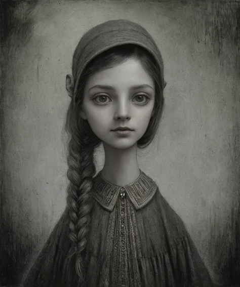 Un primer plano de un dibujo de una hermosa mujer, inspirado en Santiago Caruso, inspirado por Alfred Kubin, Estilo Mark Ryden, Mark Ryden en el estilo de, alien portrait, Old - Dark School Fantasy Art, Retrato de un duende, Anton Semenov, portrait of a sp...