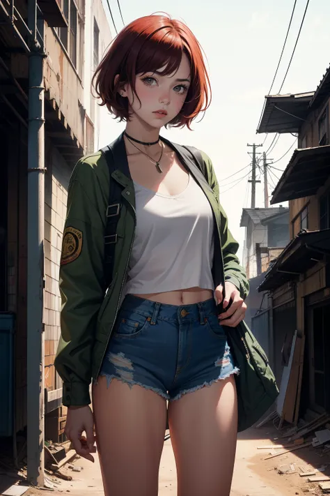 1girl, short red hair, chartreuse eyes, wearing torn shirt, denim shorts, holding pistol, wasteland, absurdes, high res, ultrasharp, 8k, masterpiece, looking at viewer