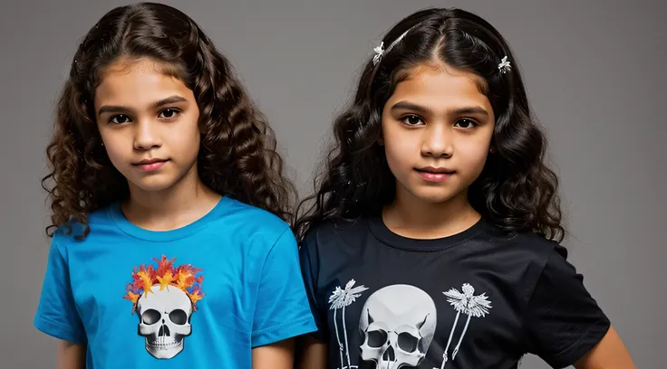 KIDS MENINA cabelo loiro comprido, there are three skulls with a phoenix