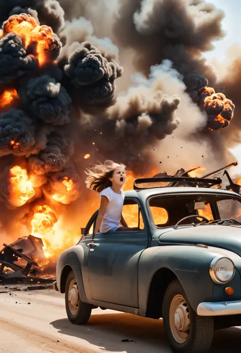 (girl:1.5) ,A girl escapes an explosion in a car,