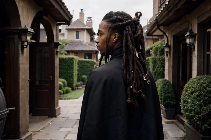 Black male, dreads hairstyle, backside view, dark academia vibes, looking at house, dark house, male has cape, male holding sharp knife