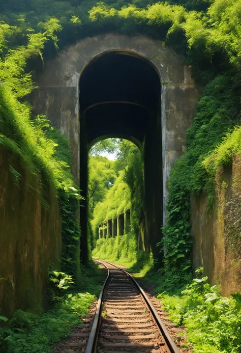 Imagine an abandoned train track tunnel, whose entrance is covered by dense and lush vegetation. Vegetation grows around the edges of the tunnel, enveloping you in a vibrant green embrace. Plantas rasteiras se espalham pelos trilhos enferrujados, mixing wi...