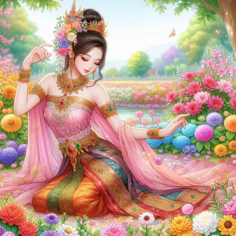 a woman in a pink dress sitting in a garden with flowers, a beautiful fantasy empress, ((a beautiful fantasy empreslower goddess, a goddess in a field of flowers, goddess of spring, pink lotus queen, beautiful goddess, goddess of love and peace, gilded lot...