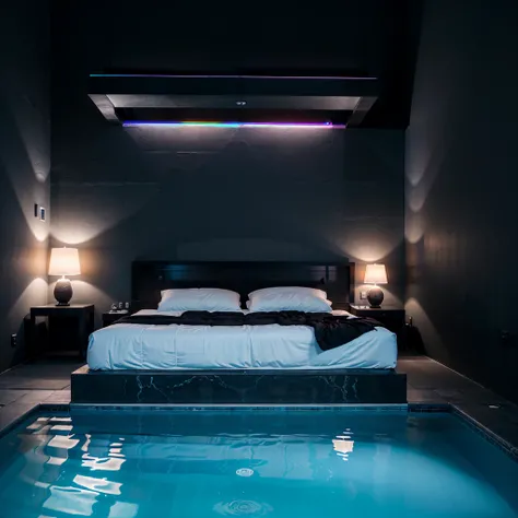 A really modern bed, black walls, really modern, has a pool next to it, black neon lights,high quality, high detail, 8k