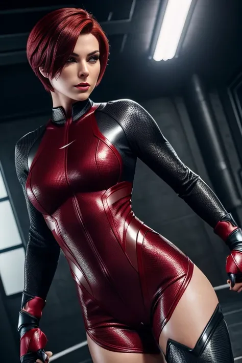 4k highly detailed realistic female superhero dressed in cropped carbon fiber, deep red hair in a short undercut bob hairstyle, hair covering one eye, ((sharp Jawline)), (full body Including Legs), Seduction and fantastic poses