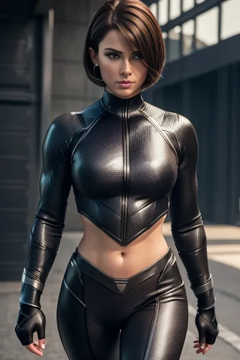 4k highly detailed realistic female superhero dressed in cropped carbon fiber, deep brown hair in a short undercut bob hairstyle, hair covering one eye, ((sharp Jawline)), (full body Including Legs), Seduction and fantastic poses