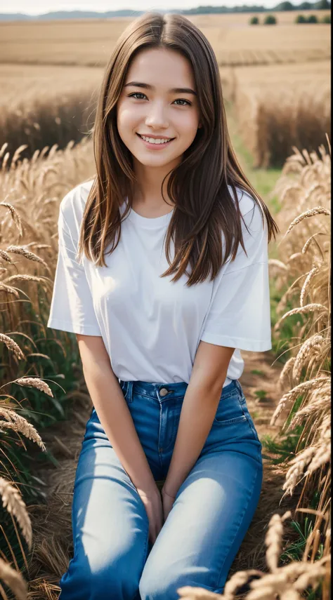 Foto hiperrealista en primer plano de Willa Fitzgerald, masterpiece, best quality, (photorealistic:1.4), full body, (white oversize male t-shirt:1.1), (blue jeans:1.2), brown sandals, sits in a field of ripe wheat, the wheat covers it, summer day,cinematic...