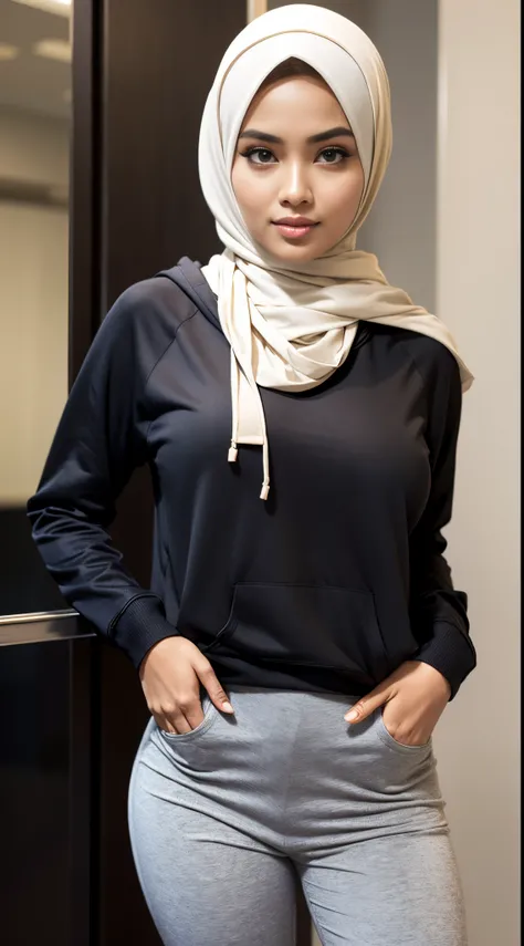 RAW, Best quality, high resolution, masterpiece: 1.3), beautiful Malay woman in hijab,Masterpiece, perfect body, (huge breast), big gorgeous eyes, Soft smile,beautiful face, malay woman wearing a gray sweater and black pants and a black scarf, hijab, weari...