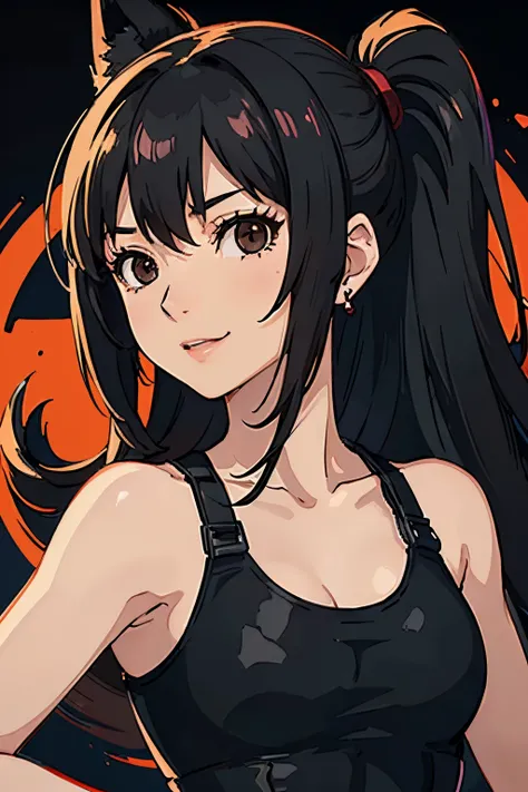 1girl, solo, tifa lockheart, tifa_lockheart (final fantasy), tifa_lockheart:1.2, animal ears, earrings, fox ears, hair between eye, (black eyes:1.3), european girl, (SFW:1.3), (small breast:1.4), (face portrait:1.3), tifa , tifa costume, black iris, smile,...