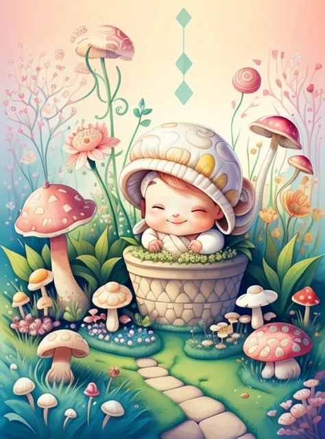 (cute baby snail smiling in a beautiful garden with flowers and mushrooms) Munchkin ,Geometric multidimensional wall portrait, livro de arte, Tchibi,
Yang08k, Beautiful, Colouring,
Obras, of the highest quality, best quality, Arte Oficial, Beautiful and Ae...