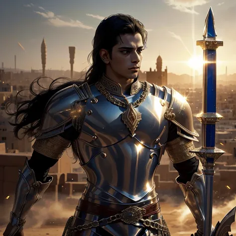 A man in Arabian armor, with strong, young features, wearing a suit of shiny chain mail armor from head to toe. His striking appearance  further enhanced by his jet black hair flowing in the wind. The scene  set against the backdrop of the enchanting city ...