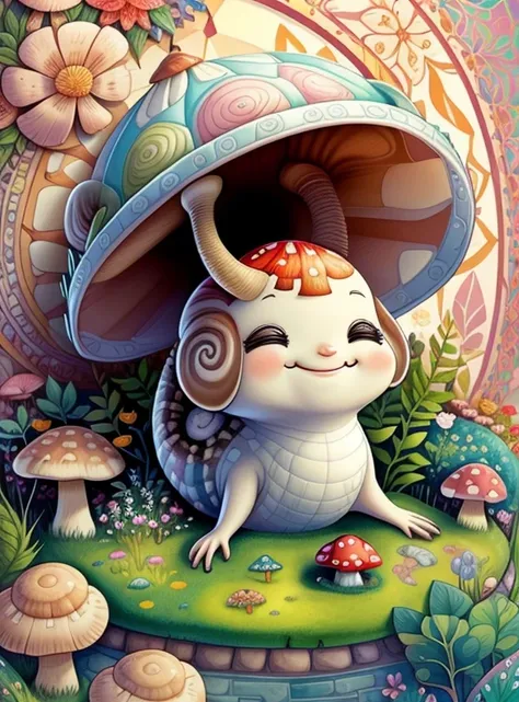 (cute snail smiling in a beautiful garden with flowers and mushrooms) Munchkin ,Geometric multidimensional wall portrait, livro de arte, Tchibi,
Yang08k, Beautiful, Colouring,
Obras, of the highest quality, best quality, Arte Oficial, Beautiful and Aesthet...