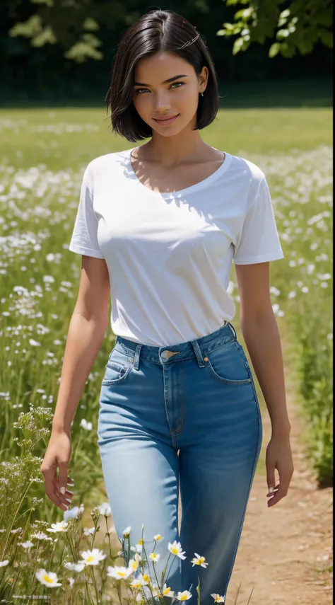 Foto hiperrealista en primer plano de Adriana Lima,, masterpiece, best quality, (photorealistic:1.4), full body, (white oversize male t-shirt:1.1), (blue jeans:1.2), woking on the flowery meadow, summer day, cinematic light, beautiful woman, skinny, medium...