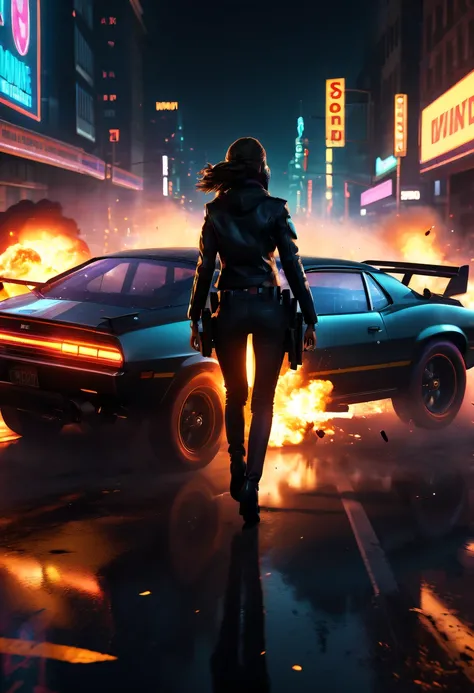 A girl escapes an explosion in a car,Burning car,There are gunshots everywhere,City lights are bright at night,Reflection of neon lights on car windshield,traffic chaos, hasty, intense chase scene, Cinematic action, Night streets, high speed pursuit, on th...