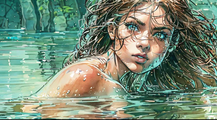 (best quality,4k,cinematic:1.2), 1cavewoman, swimming underwater, topless, (detailed face, detailed eyes, detailed lips), close ...