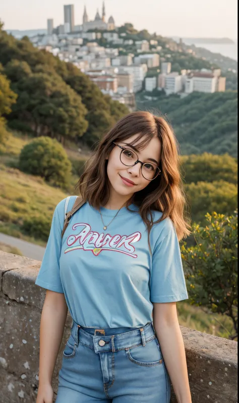 Cute girl with glasses, leave hair as original. Dressed in a bright T-shirt and jeans. Beautiful city and nature in the background.